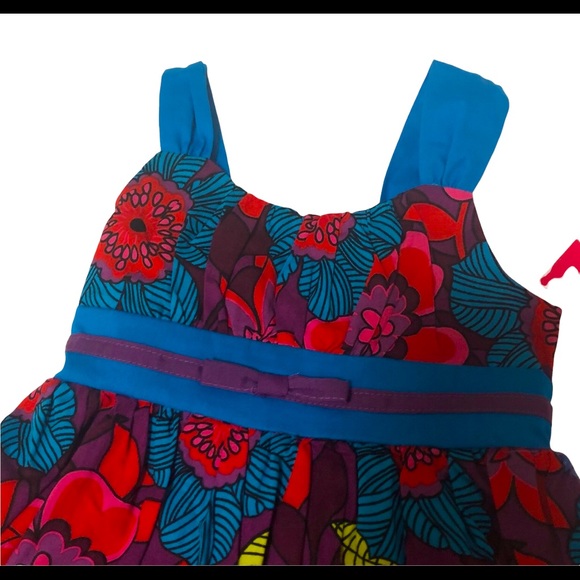 NWT Sz2 flowered dress sleeveless bow tie back pleating spring summer vacation - Picture 2 of 6